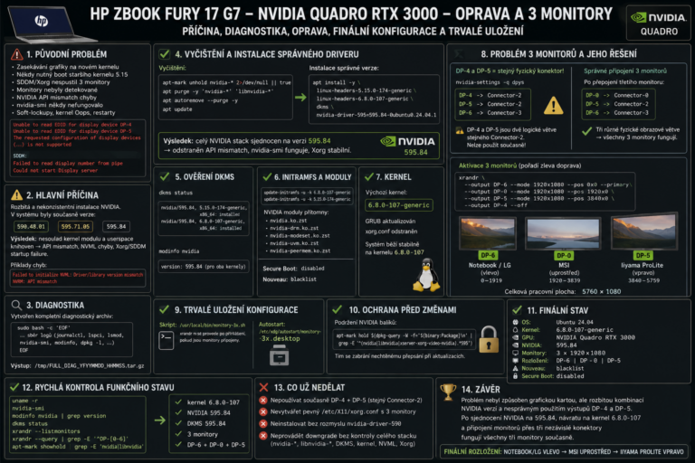 HP ZBook Fury 17 G7 – oprava NVIDIA, kernelu a 3 monitorů | Kolegos problemos